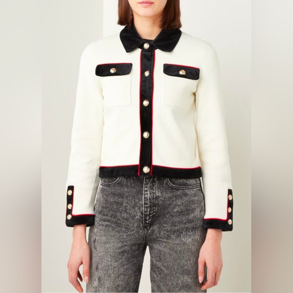 MAJE Molia Cropped Velvet Trim Cardigan